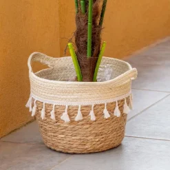 Panier avec frange pompons ecrus