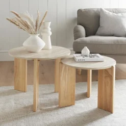 2 tables effet travertin / bois